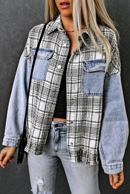 Plaid Pocketed Snap Down Denim Jacket 