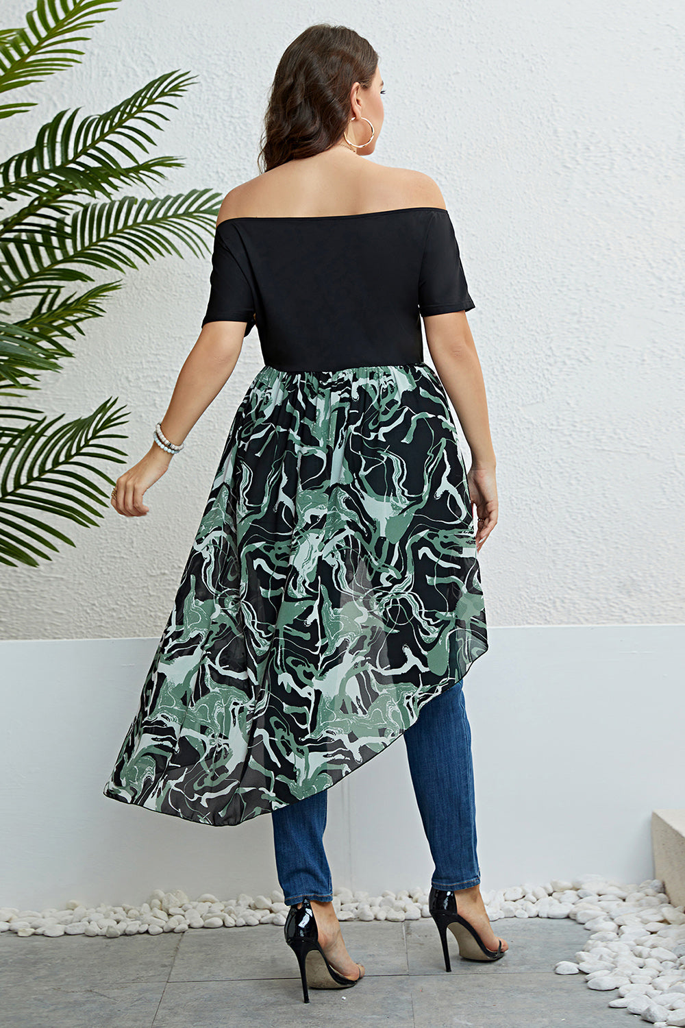 Plus Size Off-Shoulder Asymmetrical Hem Dress 