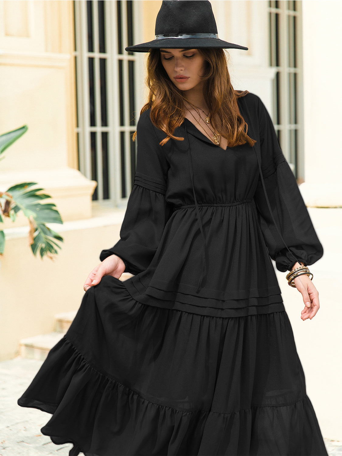 Tie Neck Long Sleeve Midi Tiered Dress 