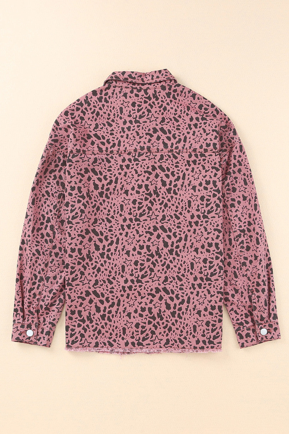 Leopard Raw Hem Button Up Denim Jacket 