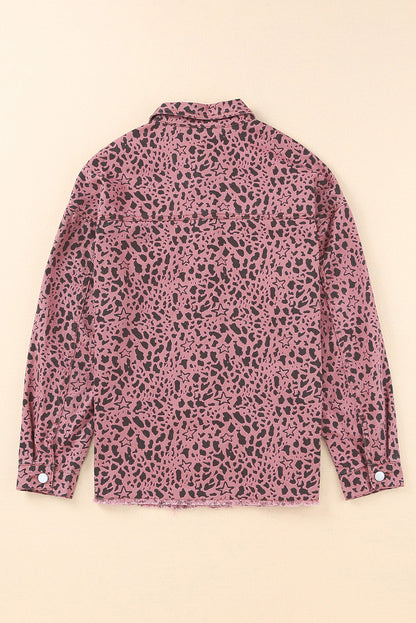 Leopard Raw Hem Button Up Denim Jacket 