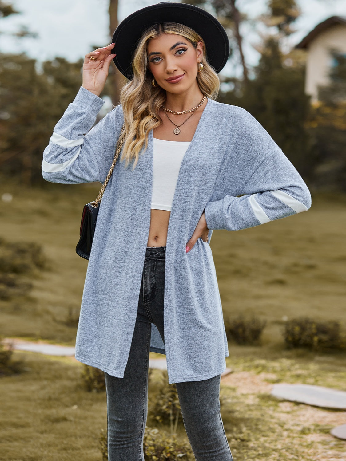 Striped Open Front Dropped Shoulder Cardigan 