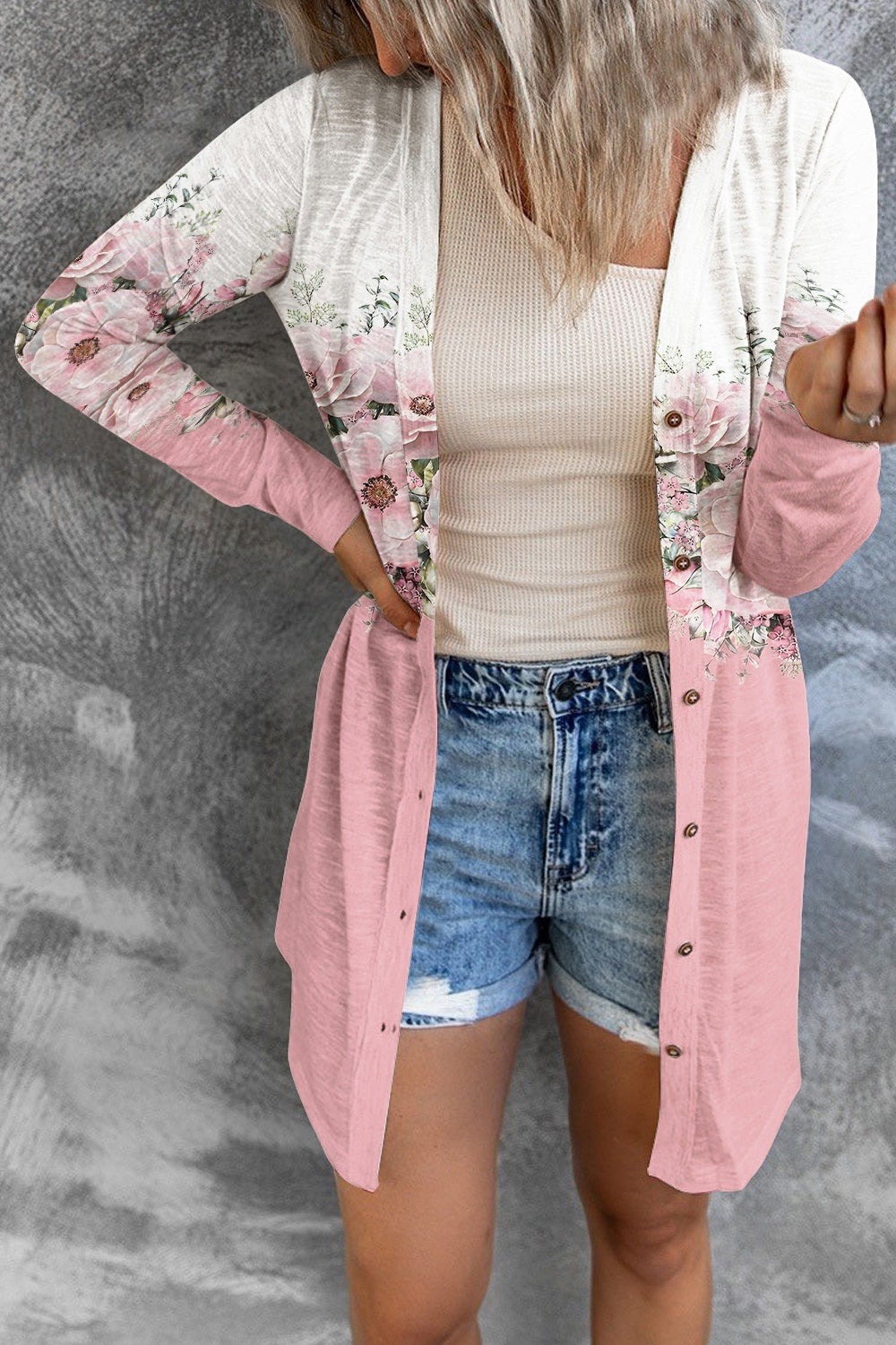 Printed Button Up Long Sleeve Cardigan - Babbazon Tops