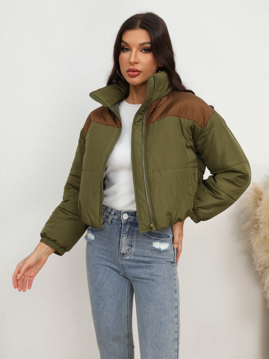 Two-Tone Zip-Up Puffer Jacket 