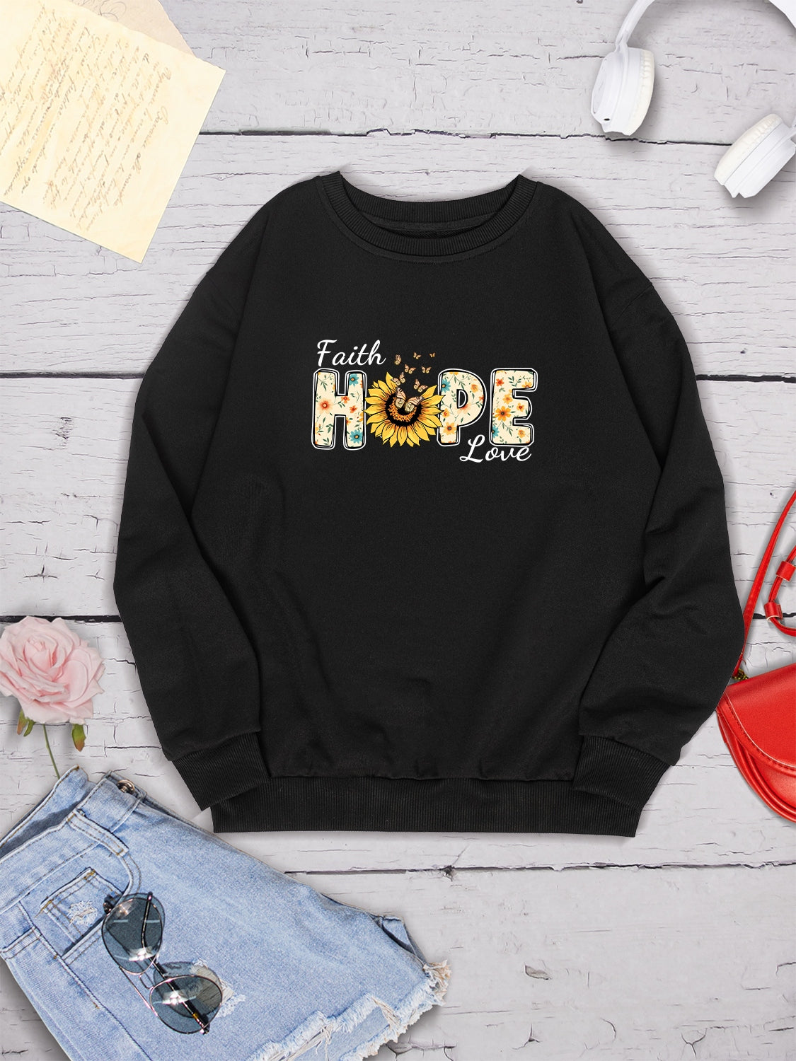 FAITH HOPE LOVE Round Neck Sweatshirt 