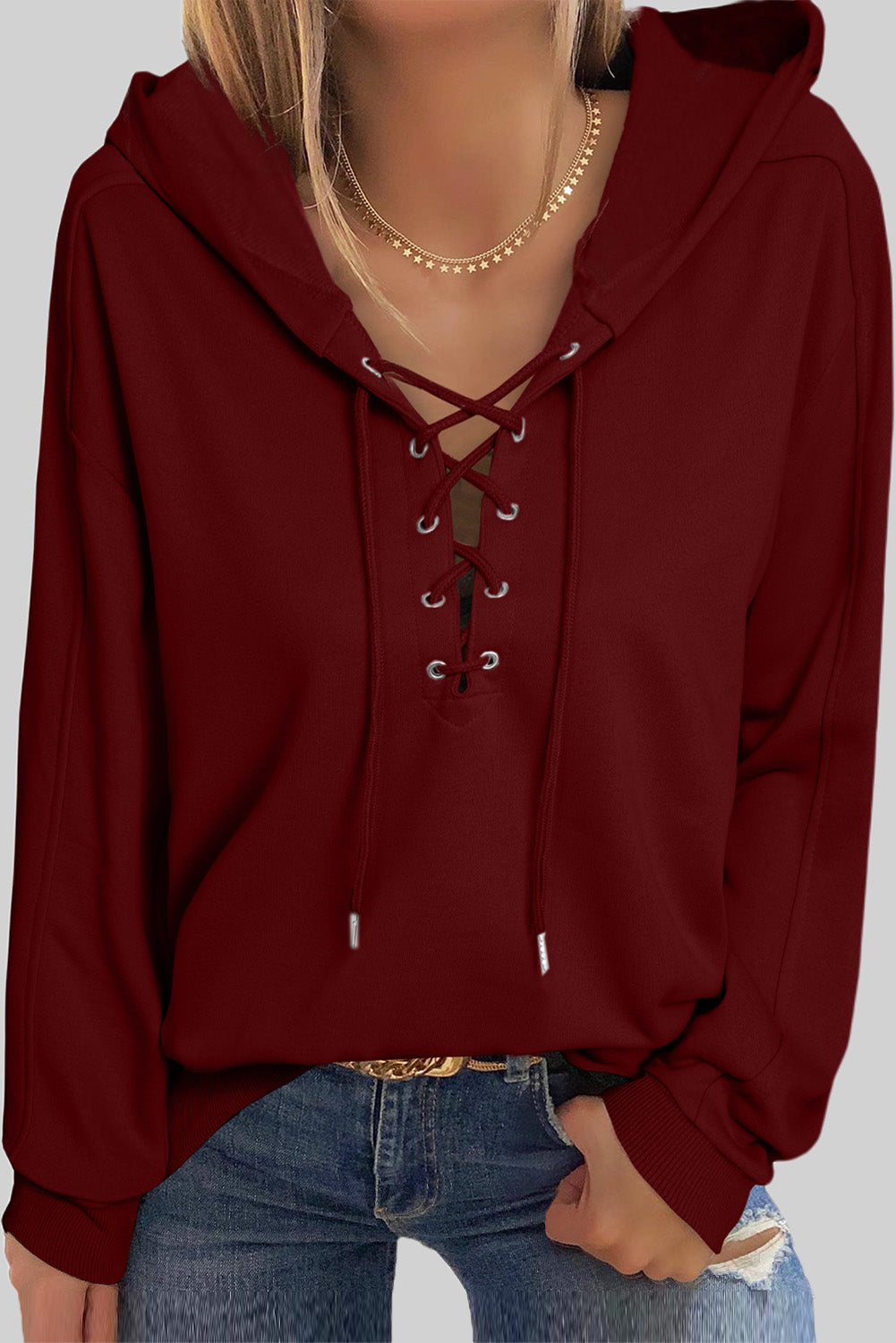 Lace-Up Dropped Shoulder Hoodie - Babbazon sweatshirt