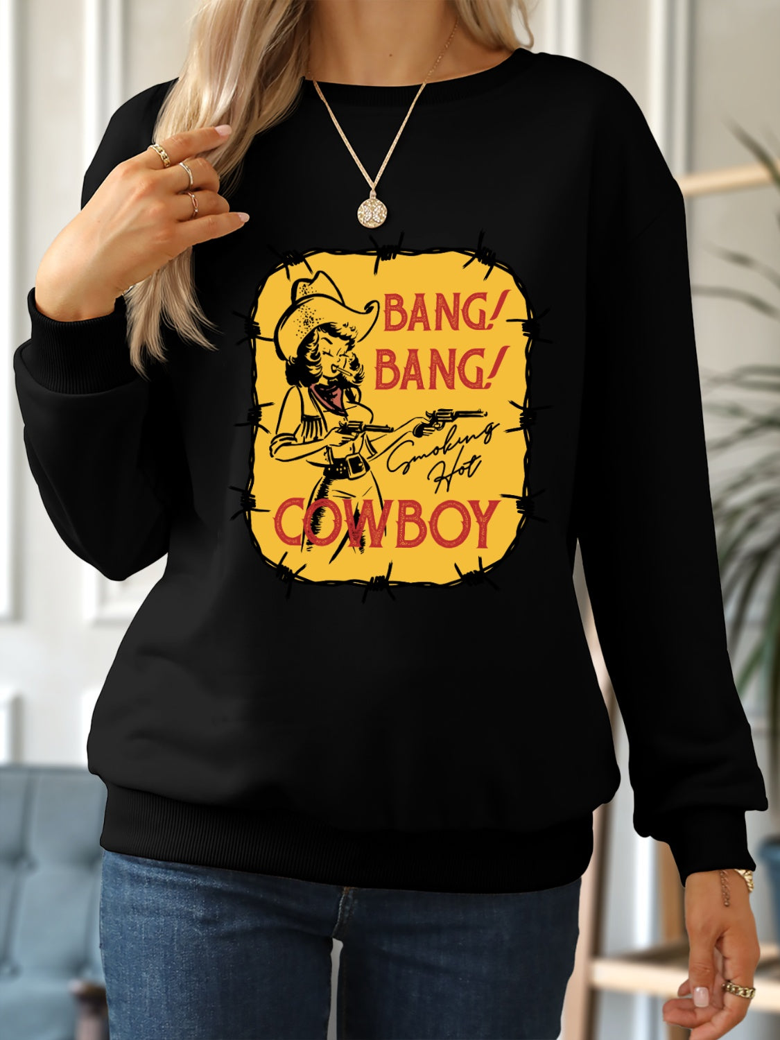 Cowboy Graphic Round Neck Sweatshirt 