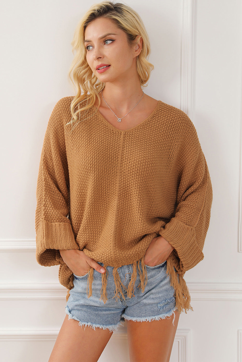 Fringe V-Neck Long Sleeve Sweater 