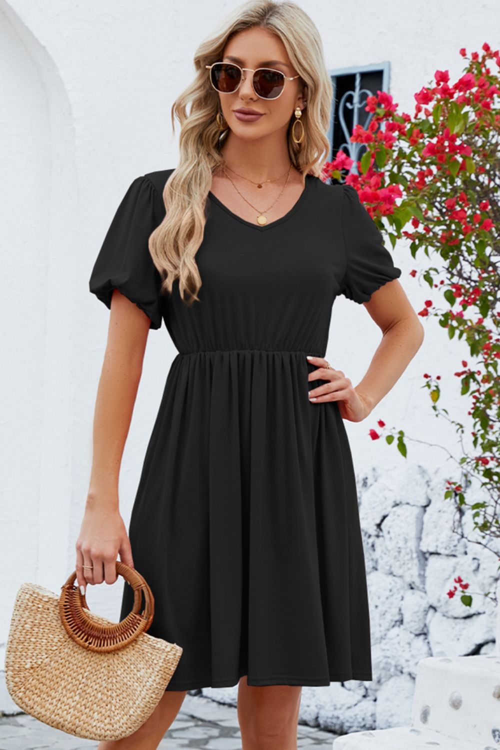 V-Neck Balloon Short Sleeve Dress 