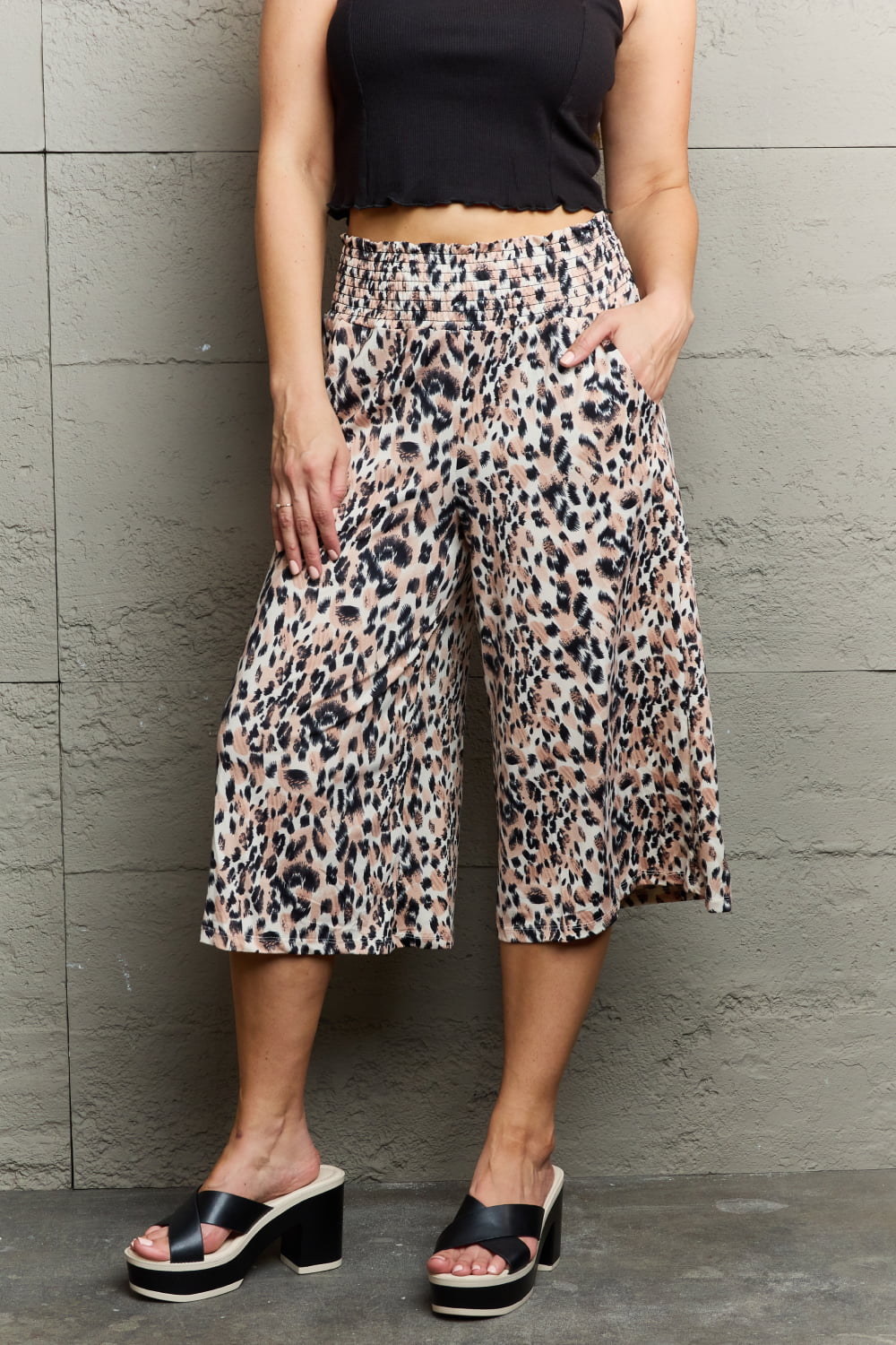 Ninexis Leopard High Waist Flowy Wide Leg Pants with Pockets 