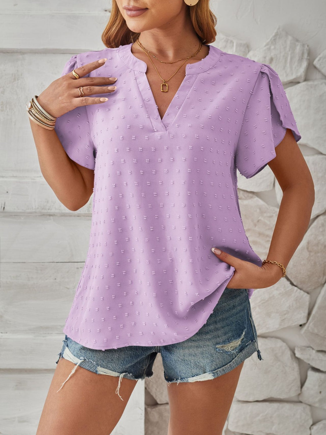 Swiss Dot Notched Petal Sleeve T-Shirt 