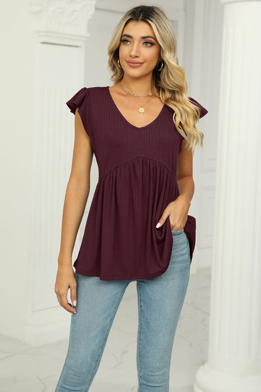 V-Neck Flutter Sleeve Babydoll Blouse 