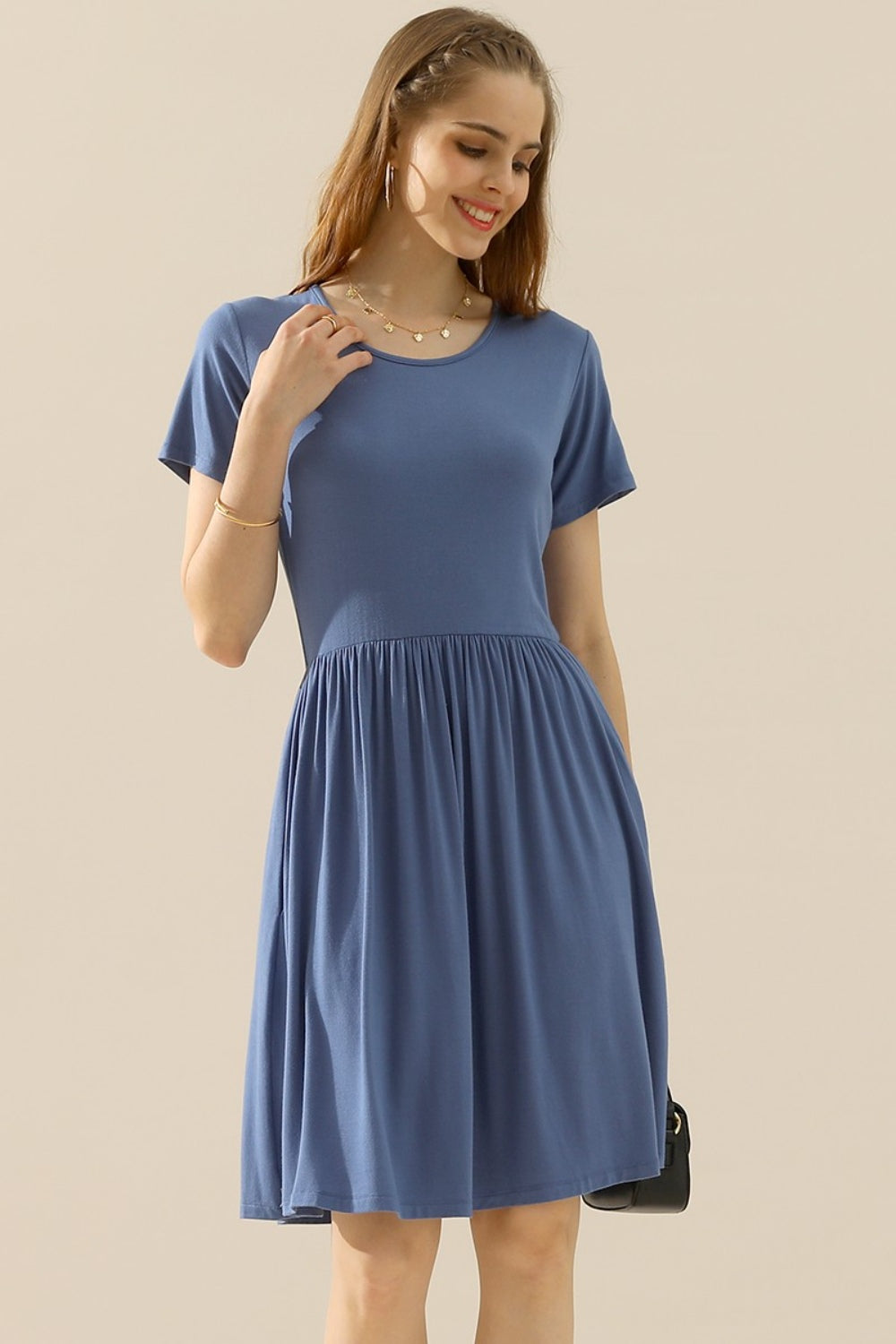 Ninexis Full Size Round Neck Ruched Dress with Pockets - Babbazon Dress