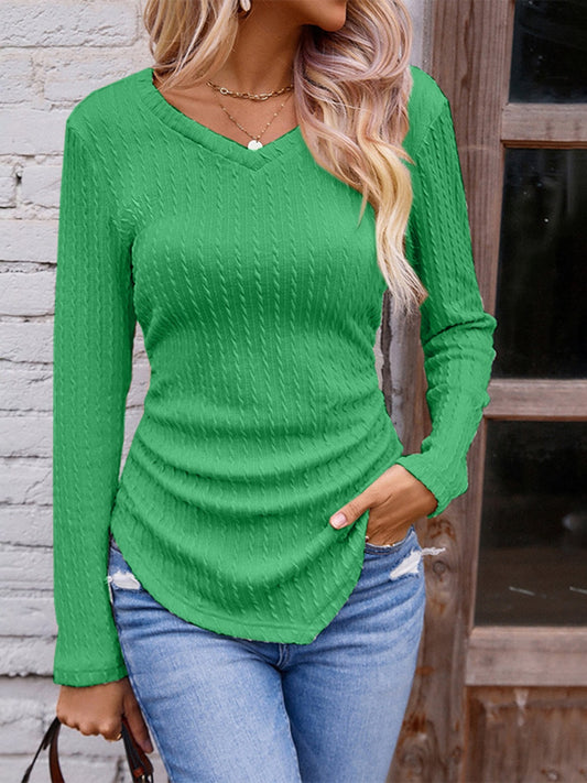 Textured Ruched V-Neck Long Sleeve T-Shirt - Babbazon Tops