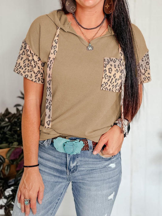 Leopard Drawstring Hooded Short Sleeve T-Shirt 