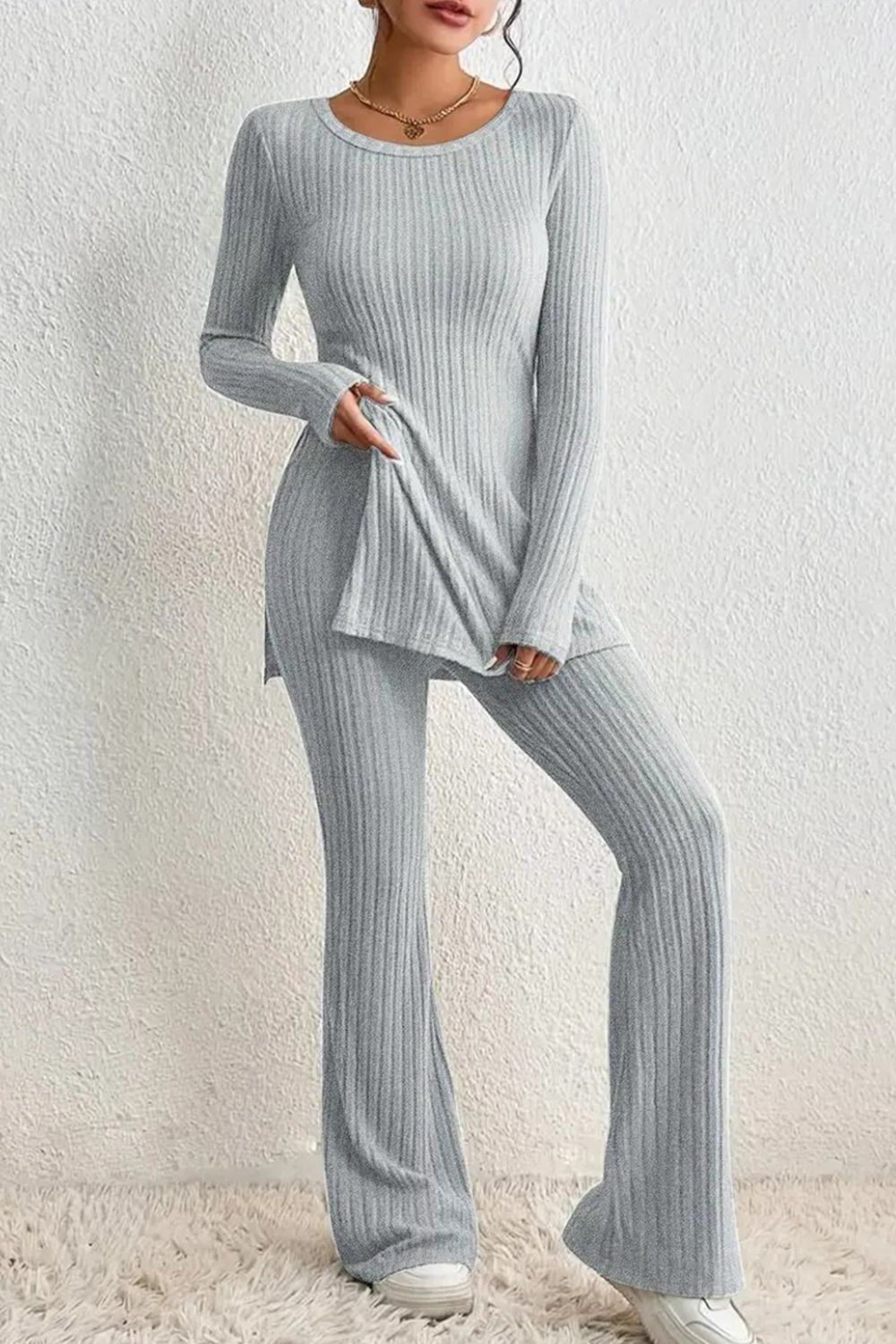 Ribbed Long Sleeve Slit Top and Bootcut Pants Set 