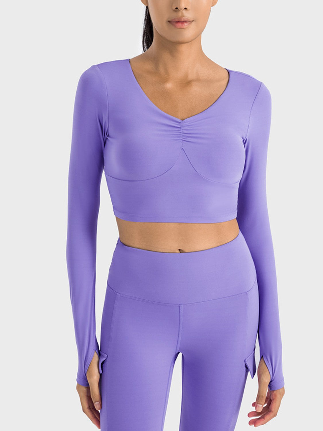 Ruched Cropped Long Sleeve Sports Top - Babbazon Tops