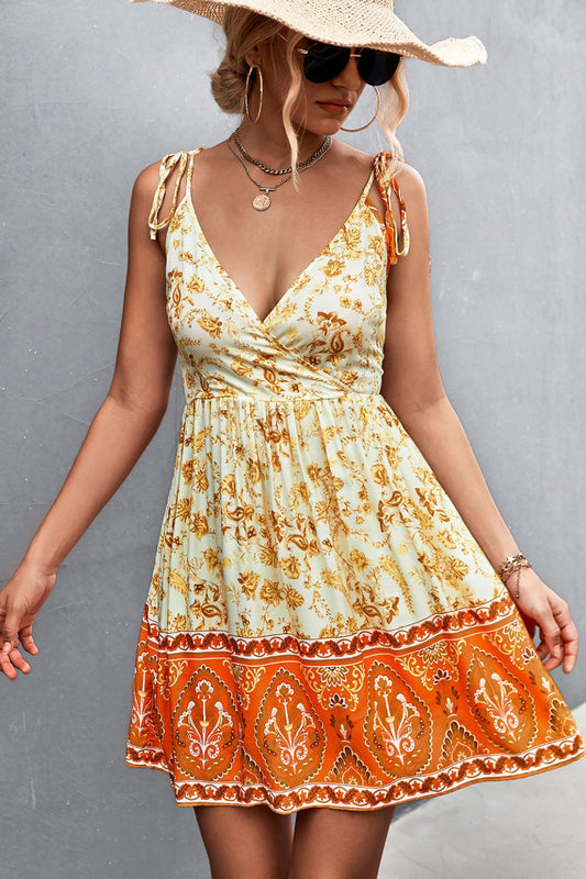 Bohemian Tie Shoulder Surplice Backless Dress 