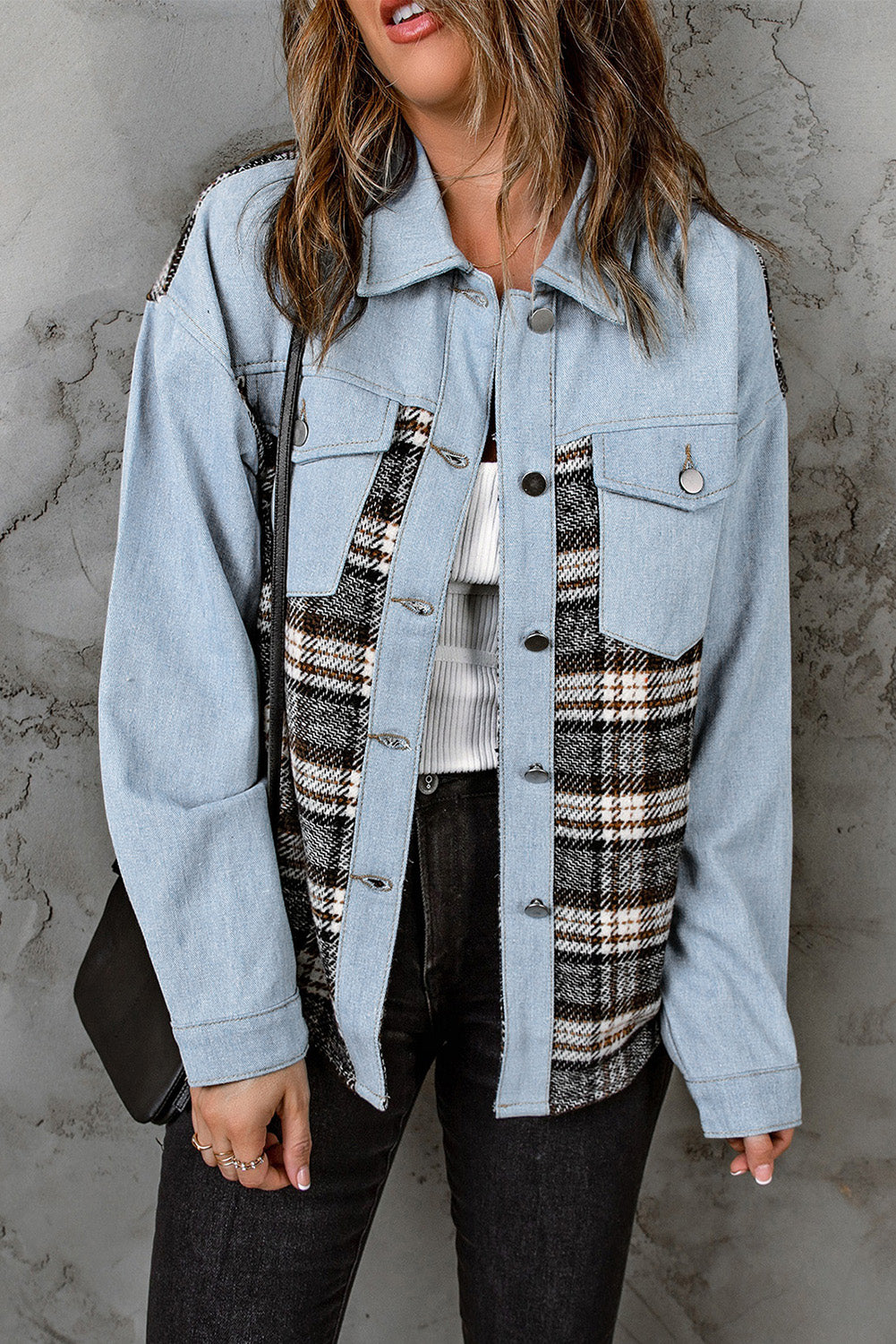 Plaid Pocketed Button Up Denim Jacket - Babbazon Jacket