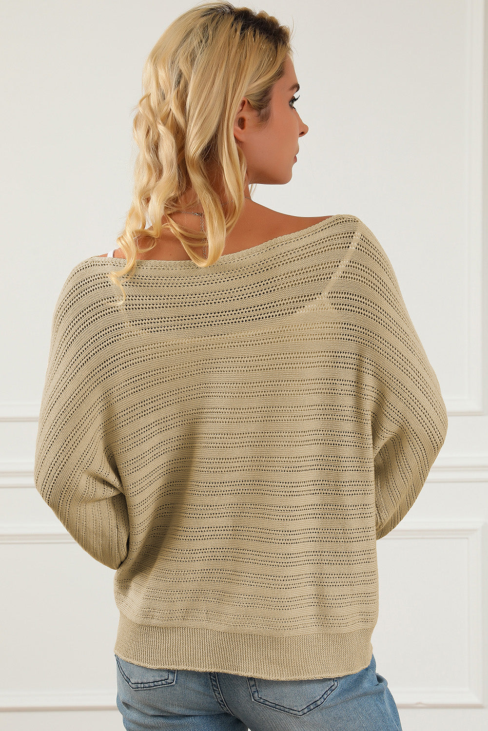 Openwork Boat Neck Lantern Sleeve Sweater 