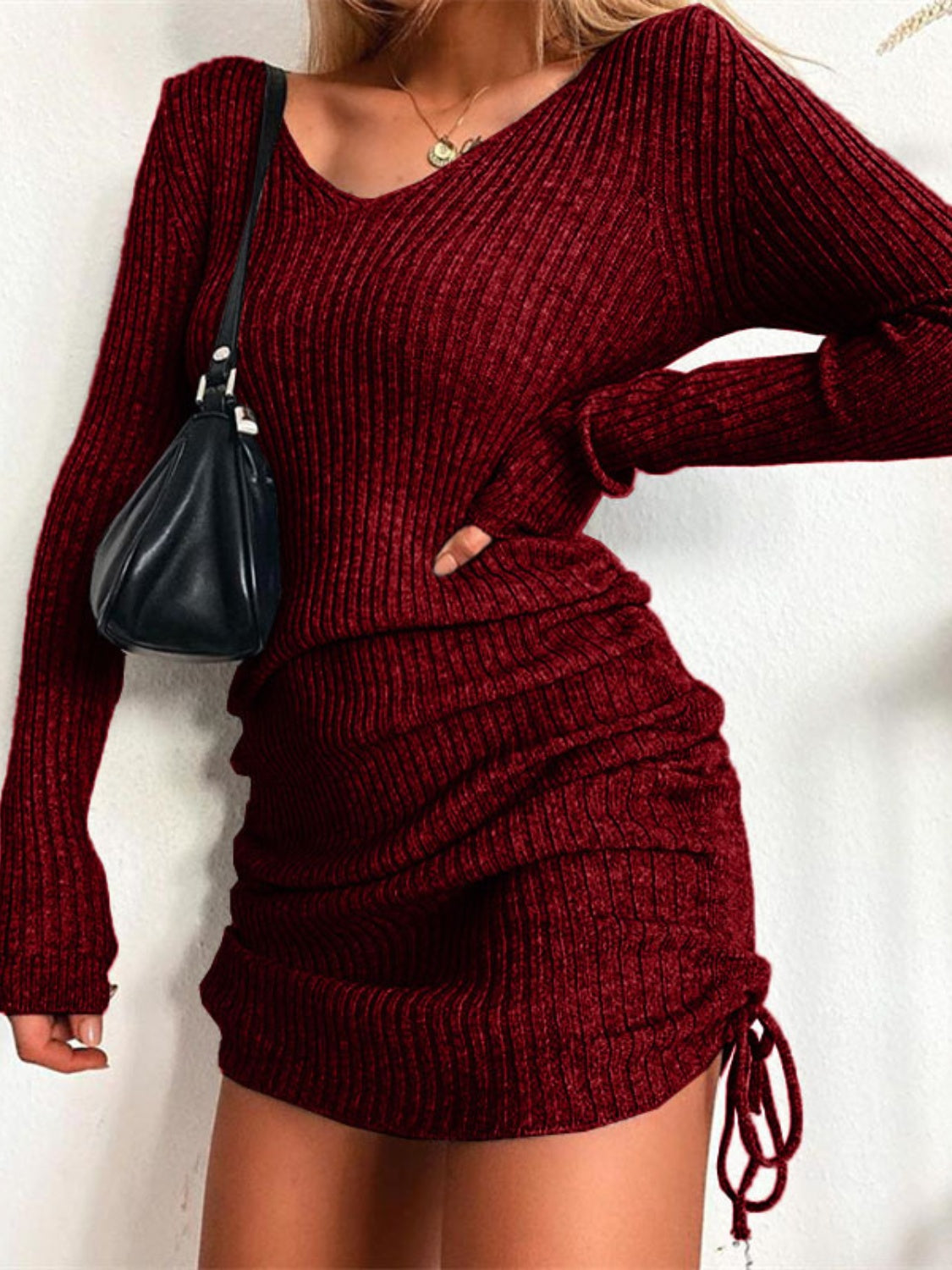 Ribbed Drawstring V-Neck Mini Dress 