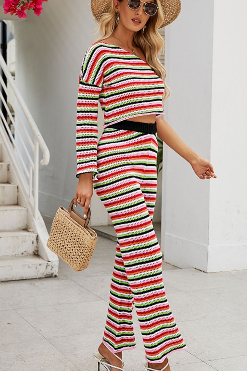 Striped Single Shoulder Top and Pants Knit Set 