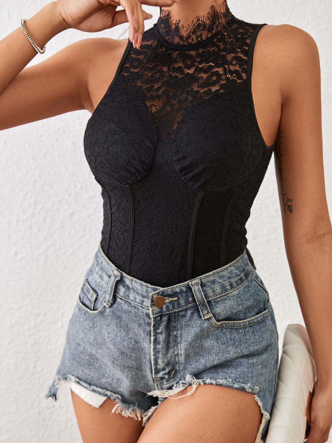 Mock Neck Sleeveless Lace Bodysuit 