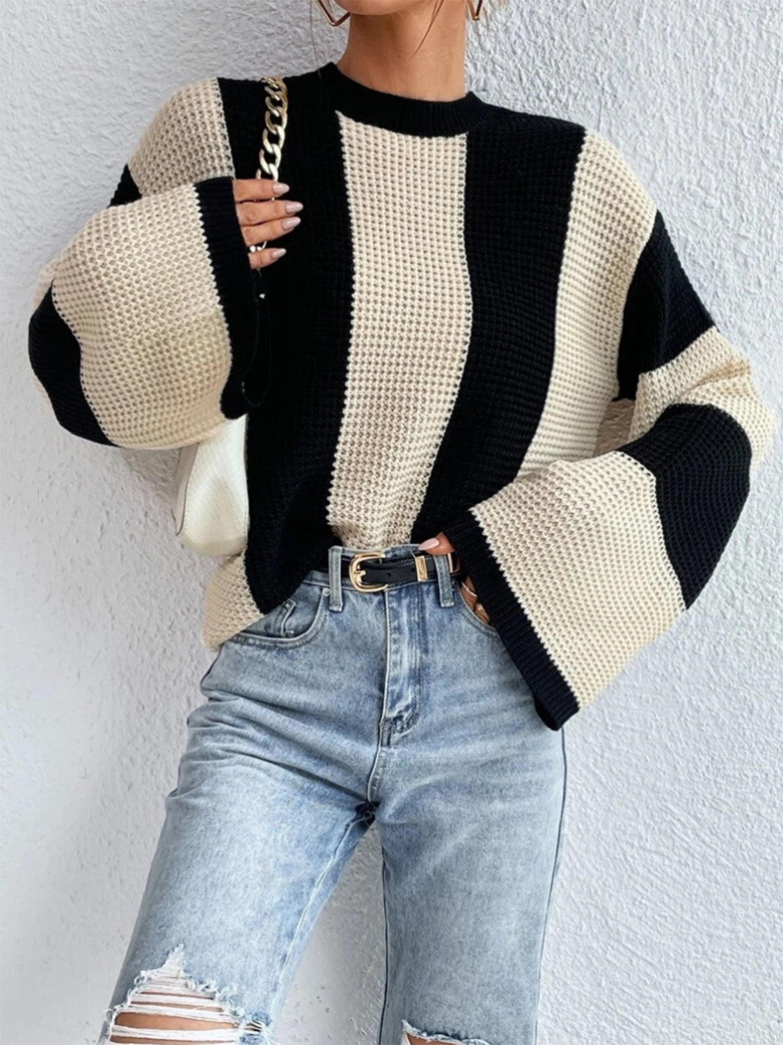 Striped Mock Neck Long Sleeve Sweater 