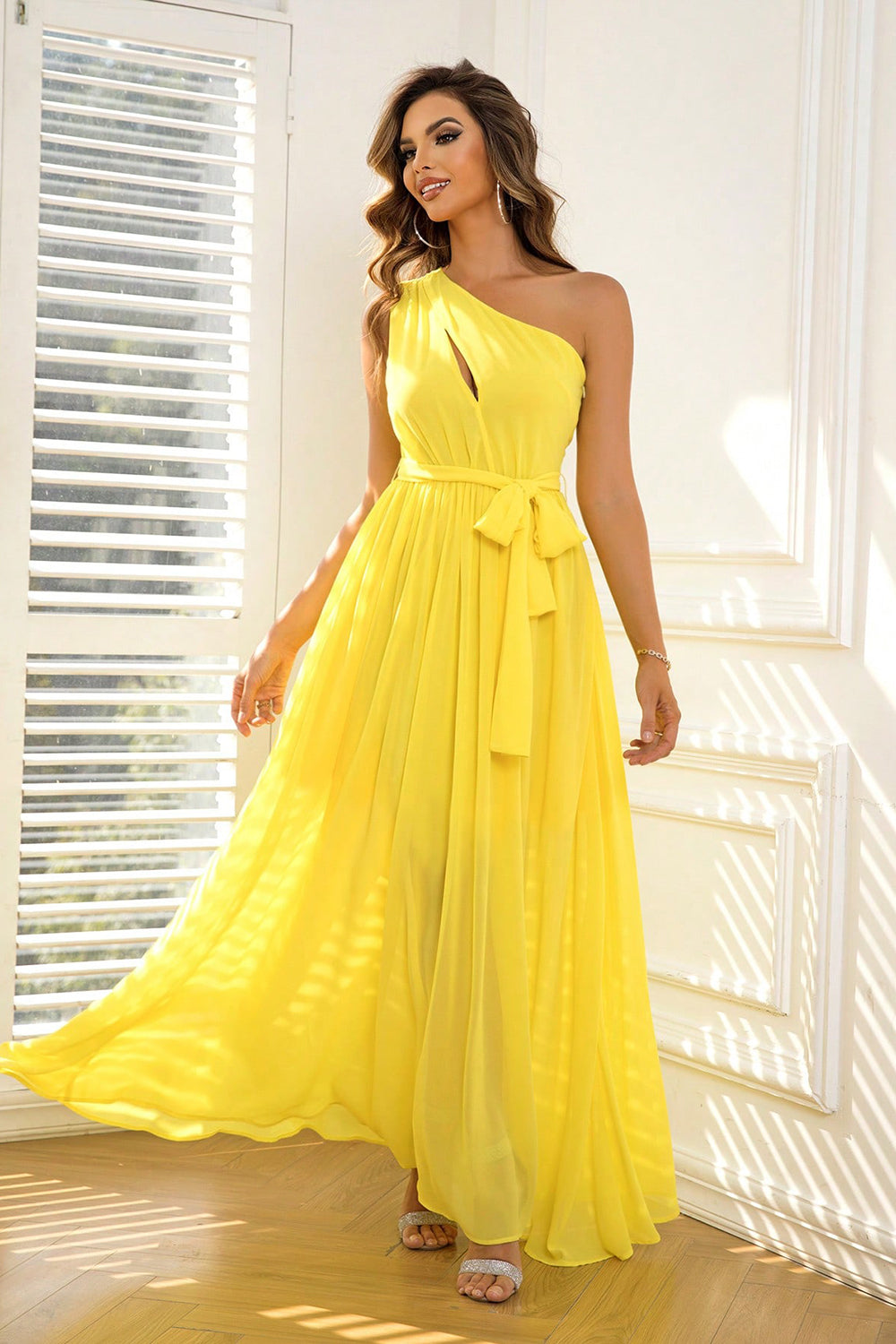 Cutout One-Shoulder Tie Waist Dress 