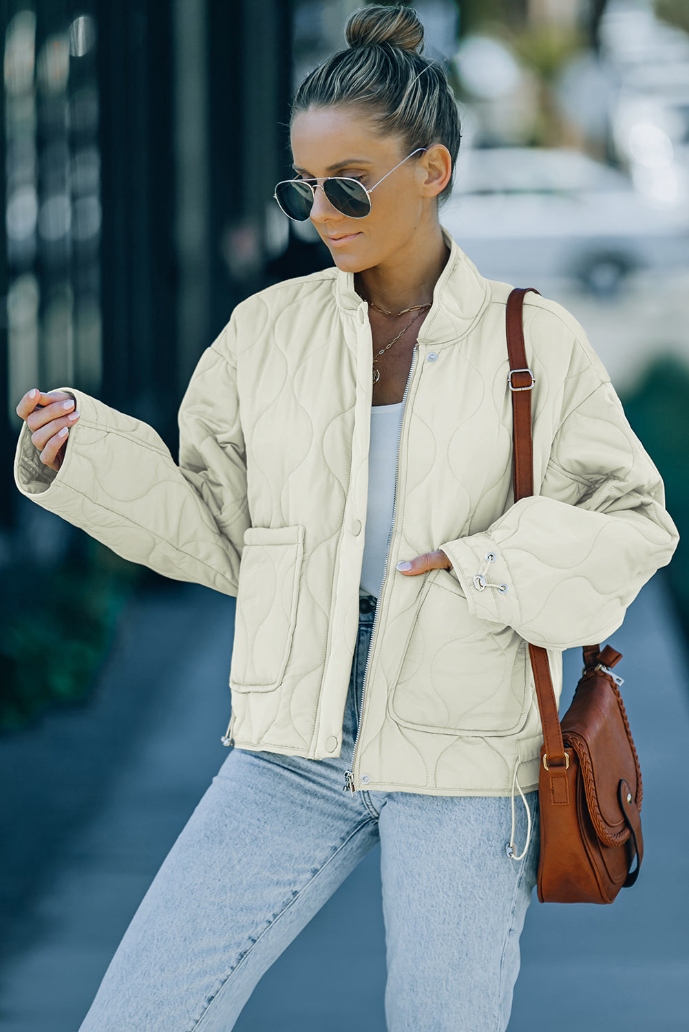 Drawstring Dropped Shoulder Quilted Jacket 