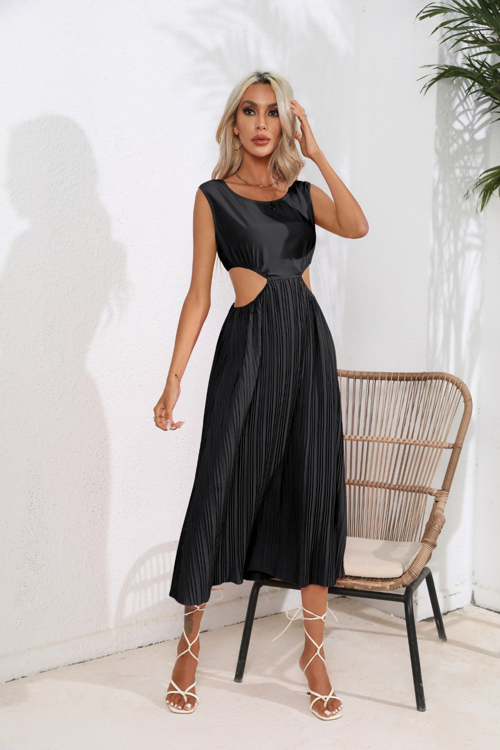 Cutout Ruched Round Neck Tank Dress 