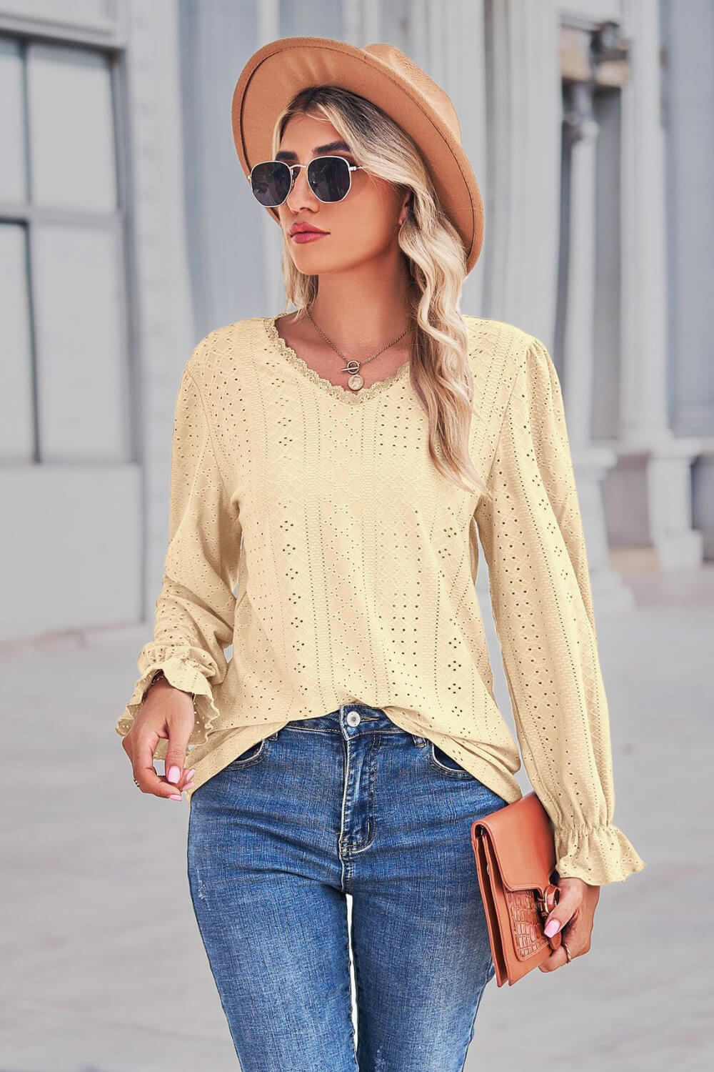 Lace Trim V-Neck Flounce Sleeve Top 