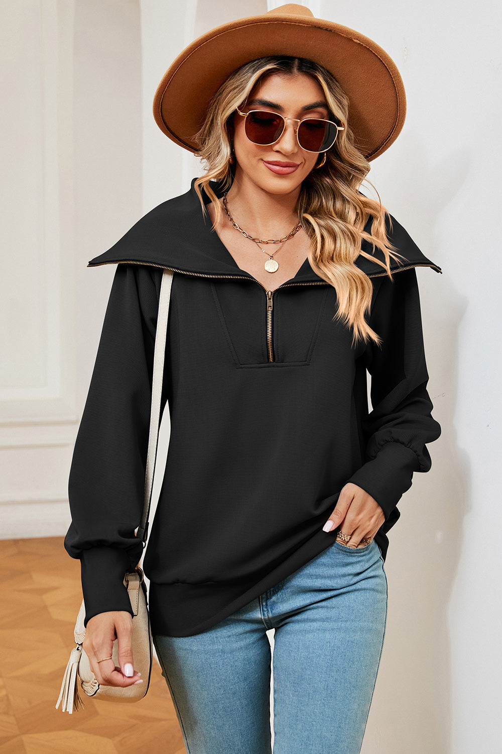 Half Zip Lantern Sleeve Sweatshirt 