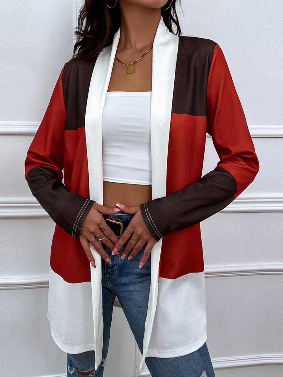 Color Block Open Front Cardigan 