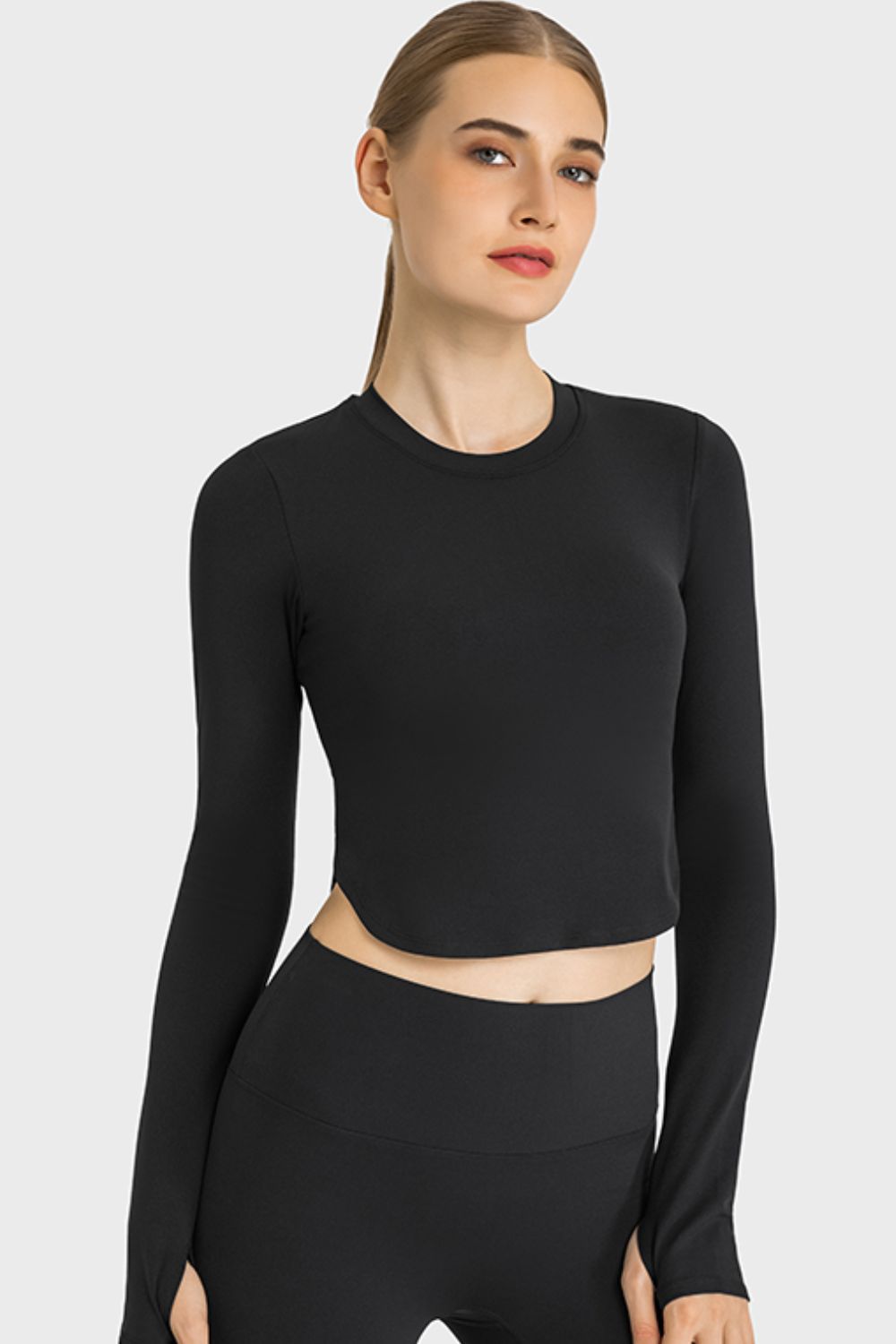 Side Slit Long Sleeve Round Neck Crop Top - Babbazon Tops