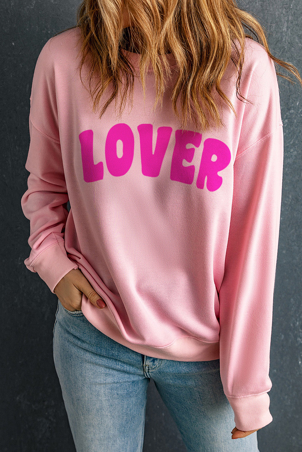 LOVER Round Neck Dropped Shoulder Sweatshirt 