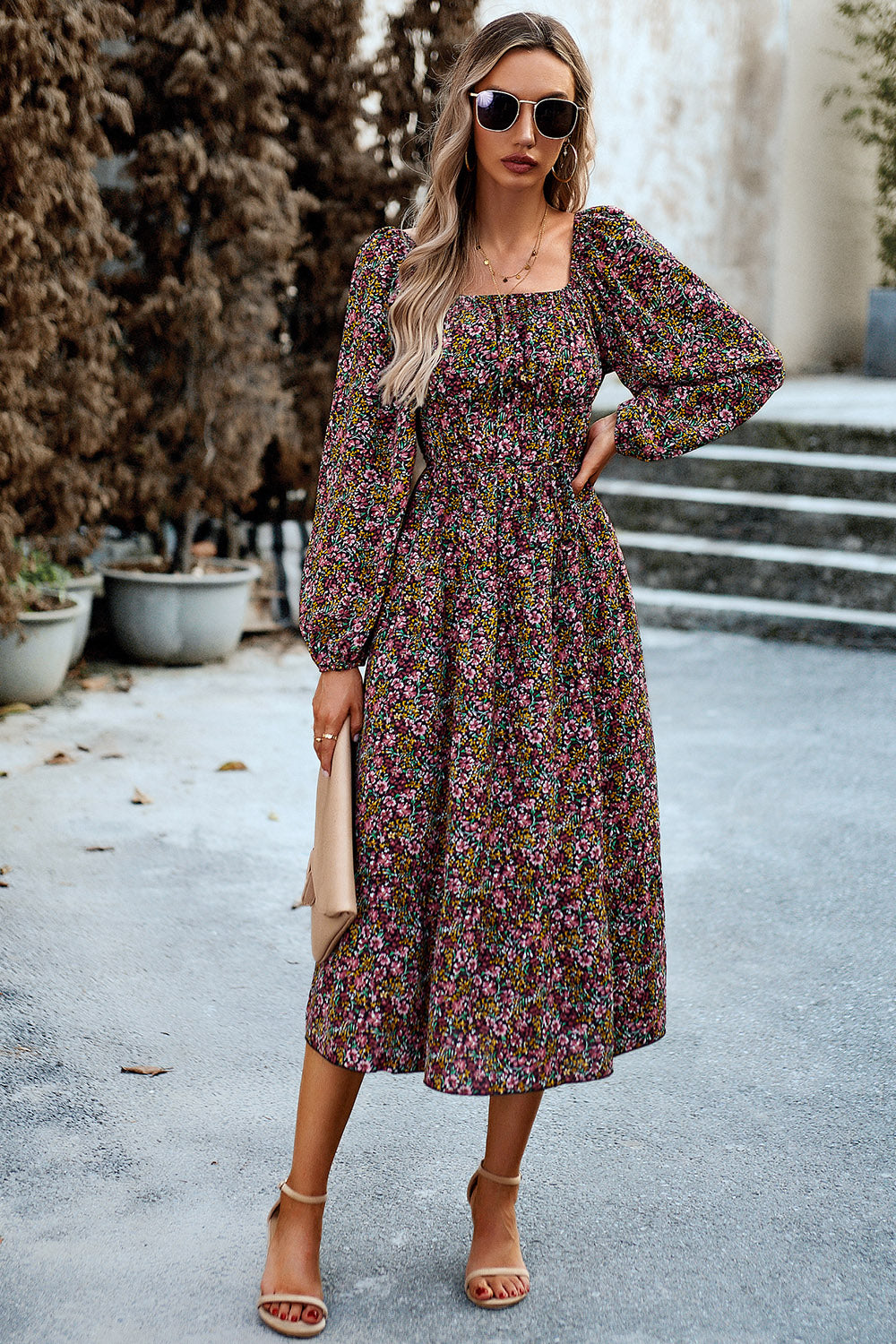 Printed Balloon Sleeve Midi Dress 