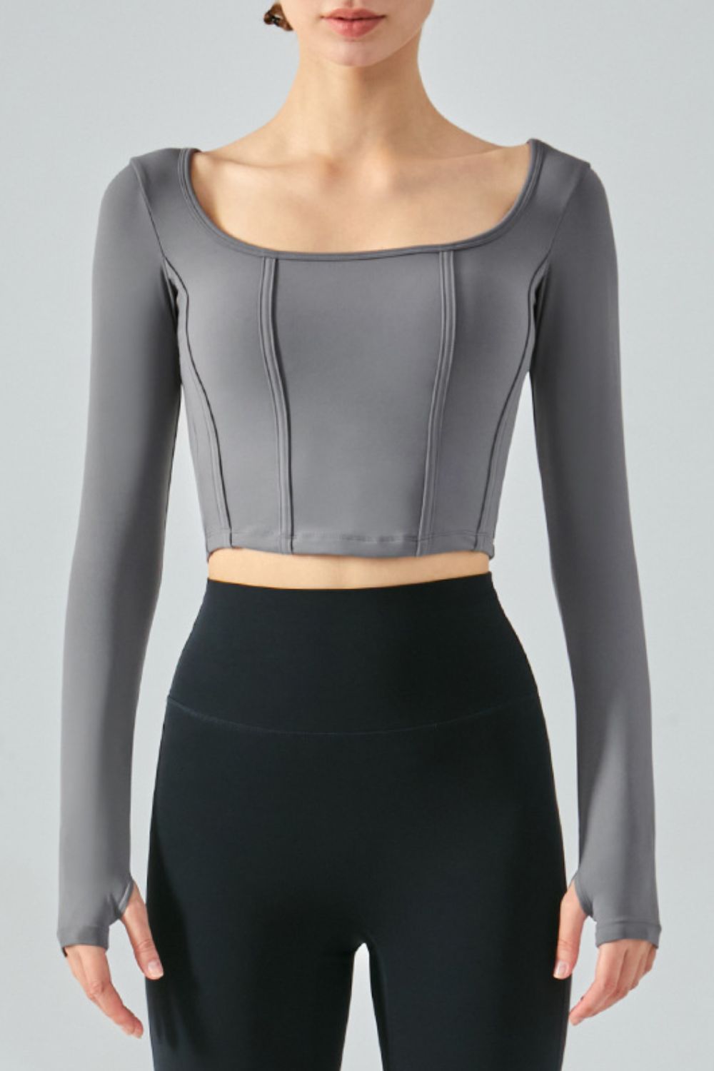 Seam Detail Thumbhole Sleeve Cropped Sports Top 