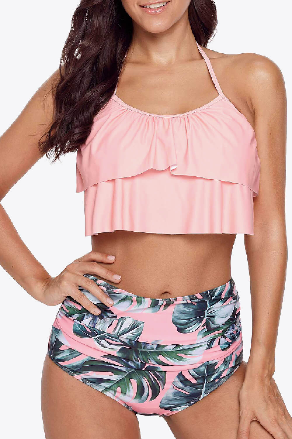 Halter Neck Tie Back Crop Swim Top and Botanical Print Swim Bottoms Set - Babbazon Tops