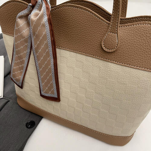 PU Leather Tied Contrast Tote Bag 