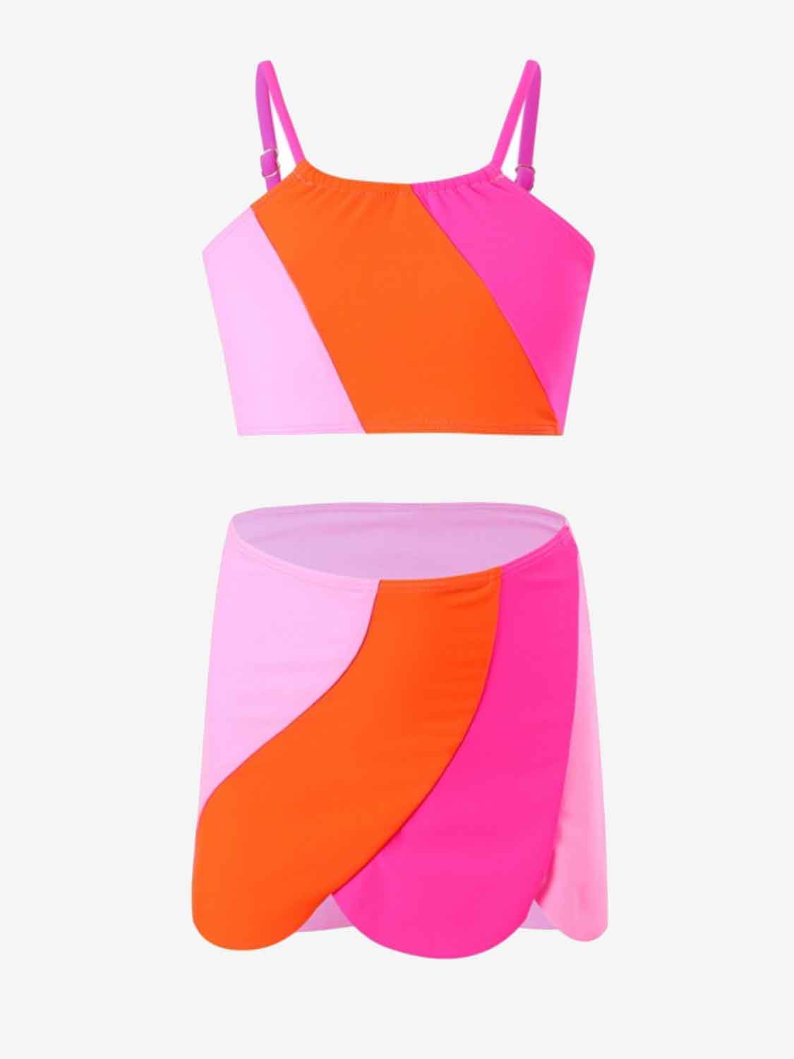 Color Block Top, Brief and Skirt Swim Set 