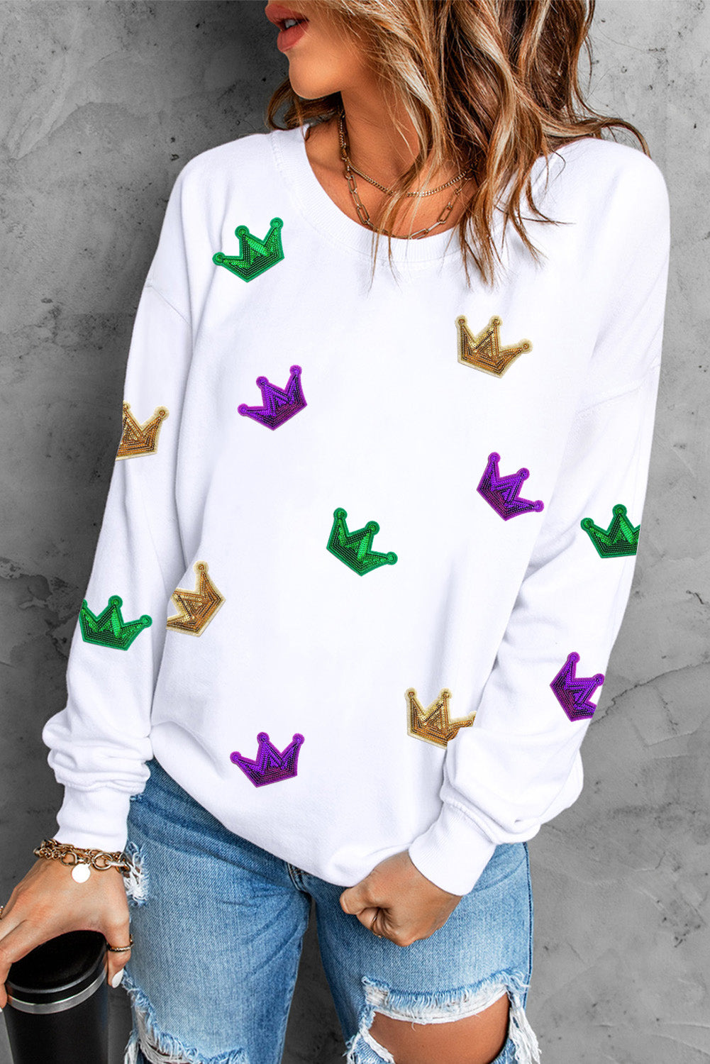 Crown Sequin Round Neck Sweatshirt - Babbazon sweatshirt