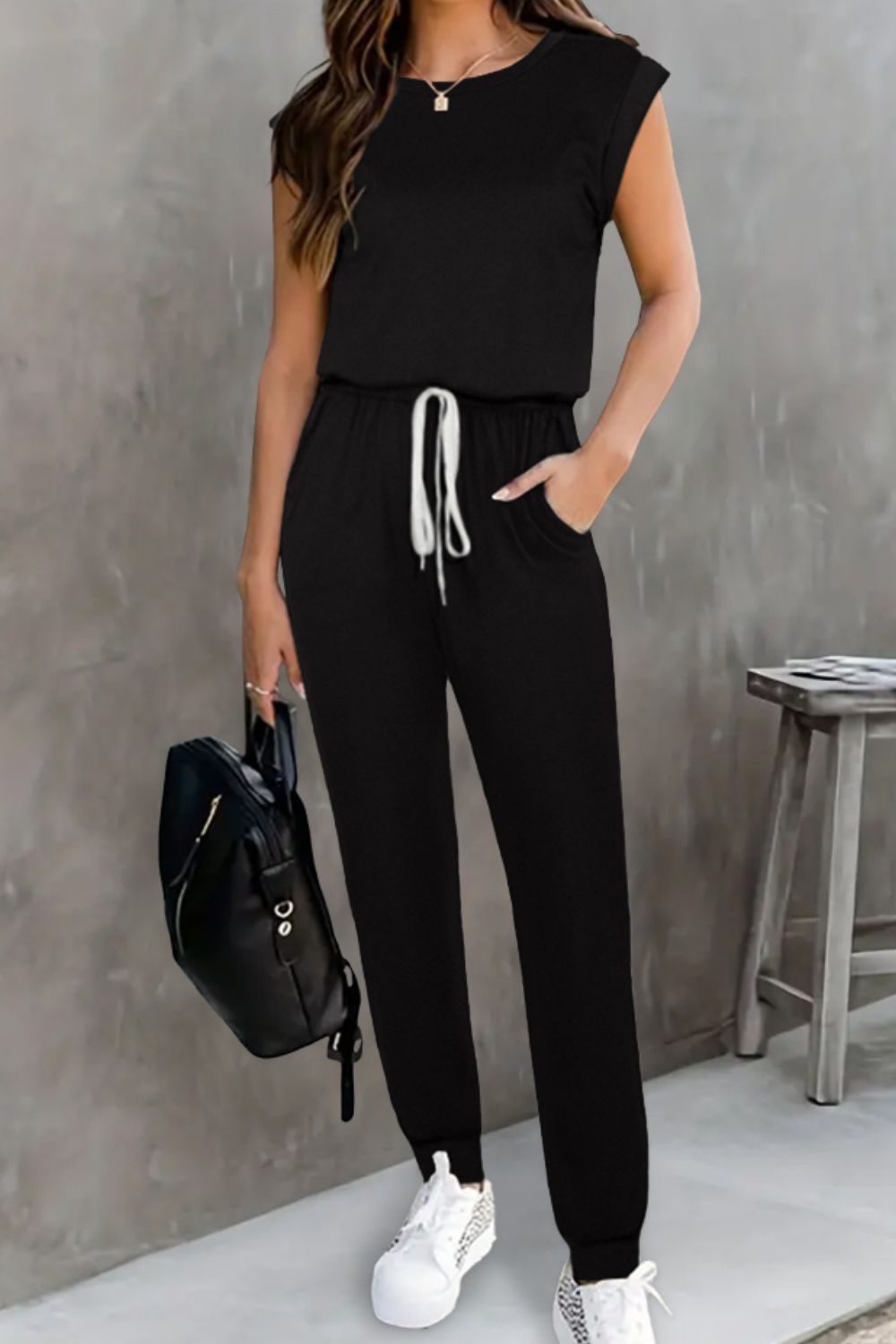 Drawstring Round Neck Sleeveless Jumpsuit 