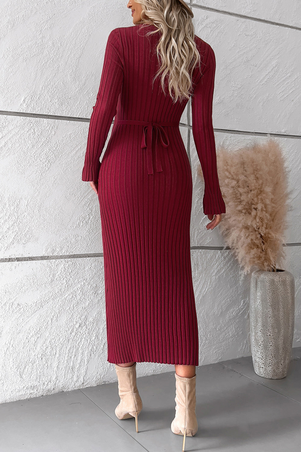 V-Neck Long Sleeve Ribbed Sweater Dress 