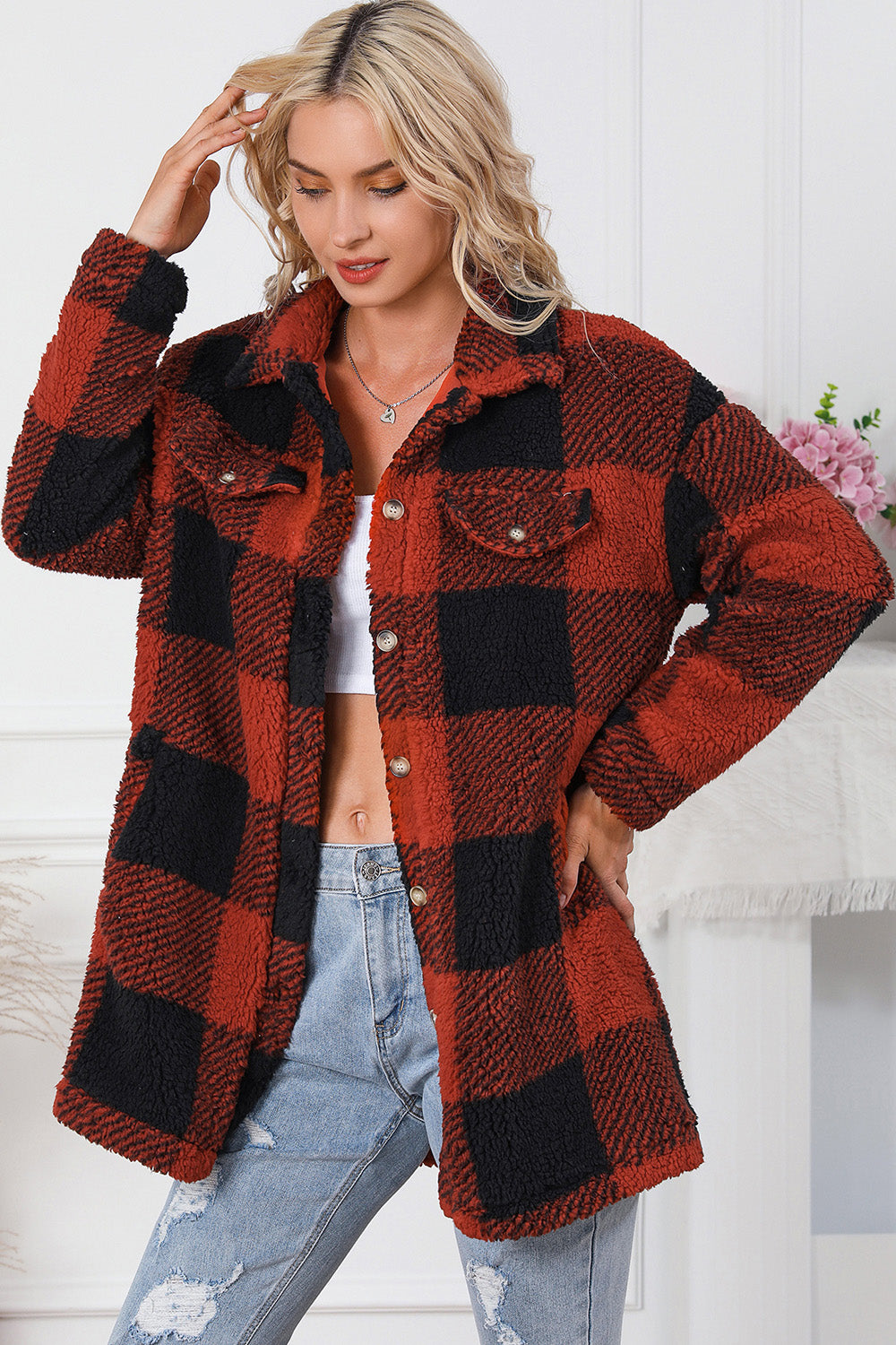 Plaid Button Down Coat with Pockets 