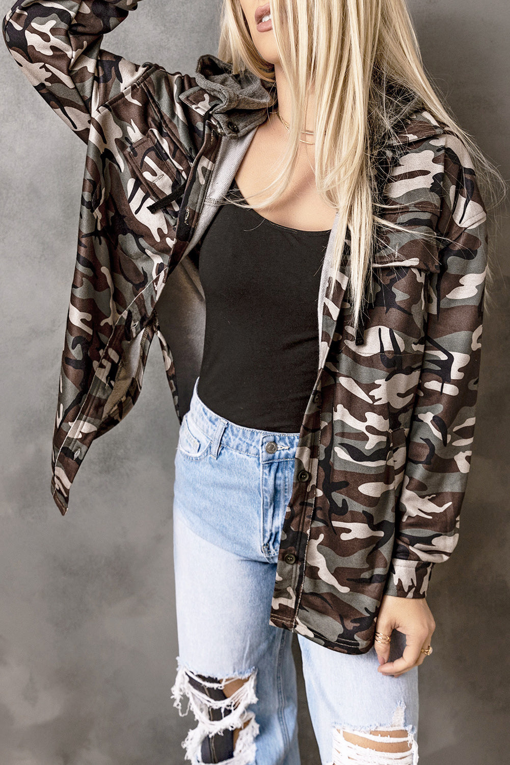 Camouflage Button Up Hooded Jacket 