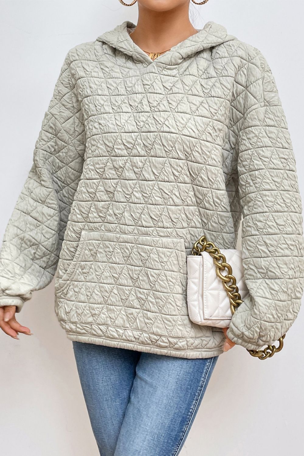 Quilted Long Sleeve Hoodie with Pocket - Babbazon Tops