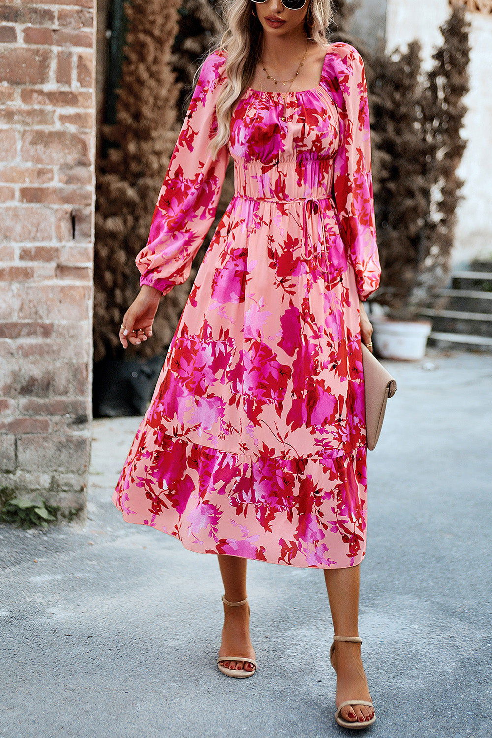 Printed Balloon Sleeve Midi Dress 