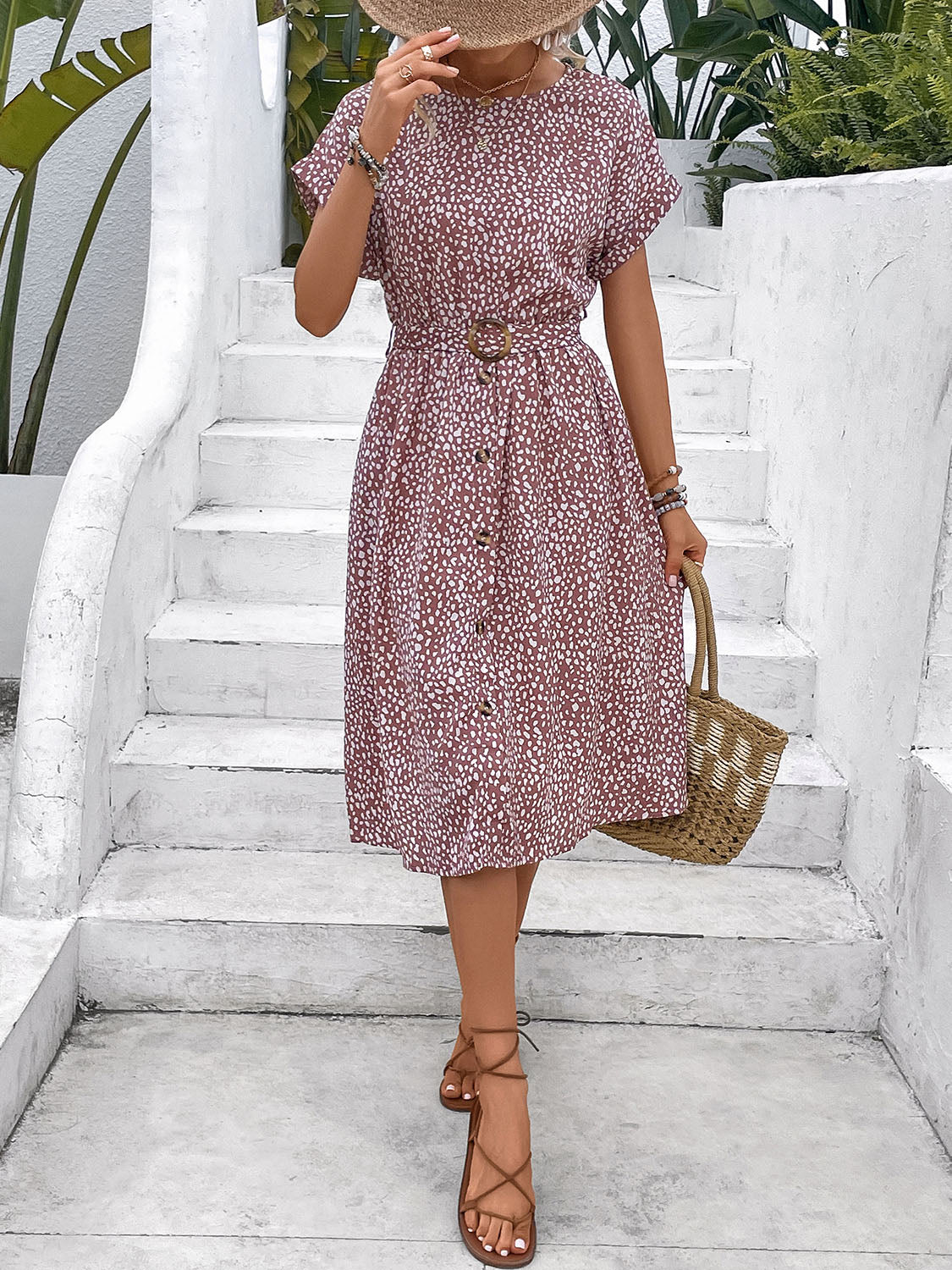 Printed Round Neck Short Sleeve Dress 