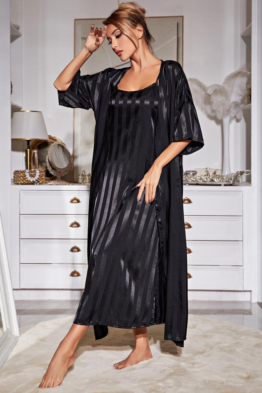 Striped Flounce Sleeve Open Front Robe and Cami Dress Set 